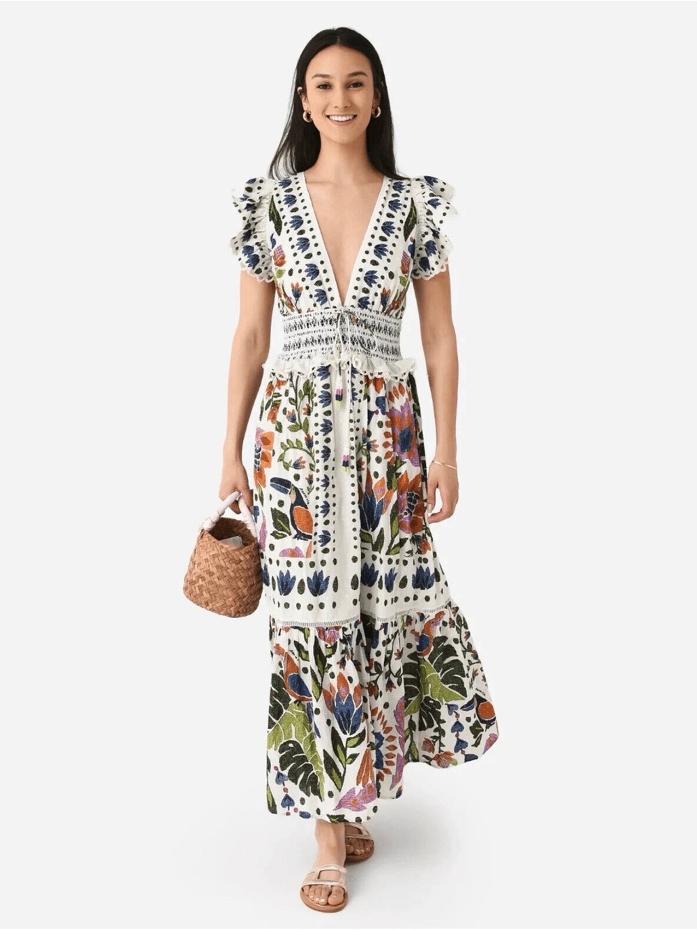 Farm Rio Summer Garden Dress Anthropologie Sleeveless Floral Ruffle Large